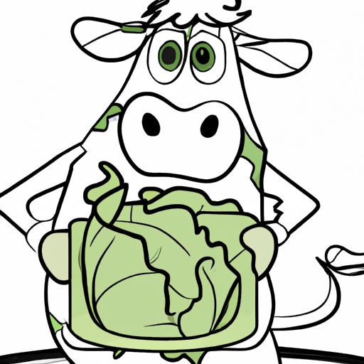 A humorous cartoon of a cow holding a plate of cabbage with a fork