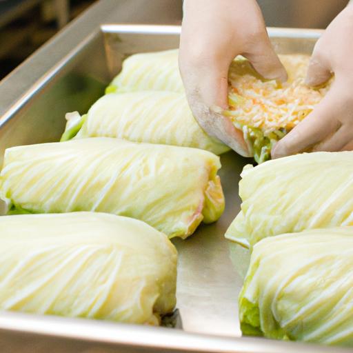 A chef preparing stuffed cabbage in a commercial kitchen at a popular restaurant near me.