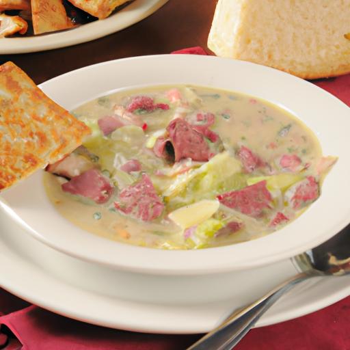 A warm bowl of soup made with corned beef and cabbage