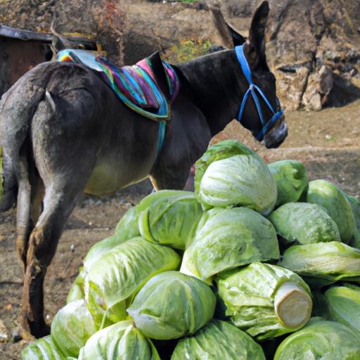 A donkey surrounded by fresh cabbage, a nutritious snack option.