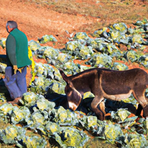 A farmer and their donkey tending to a field of cabbage.