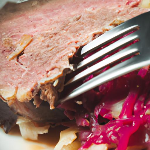 A juicy slice of corned beef with tender cabbage