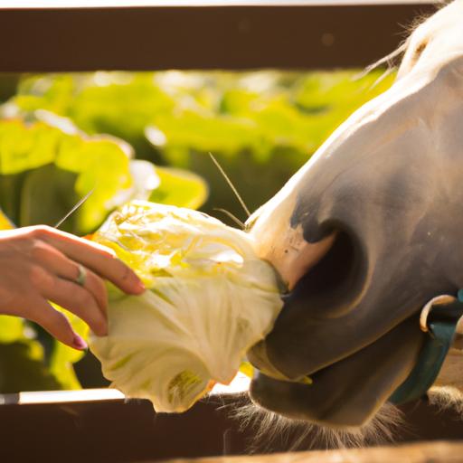 A hand gently feeds a horse a piece of cabbage.