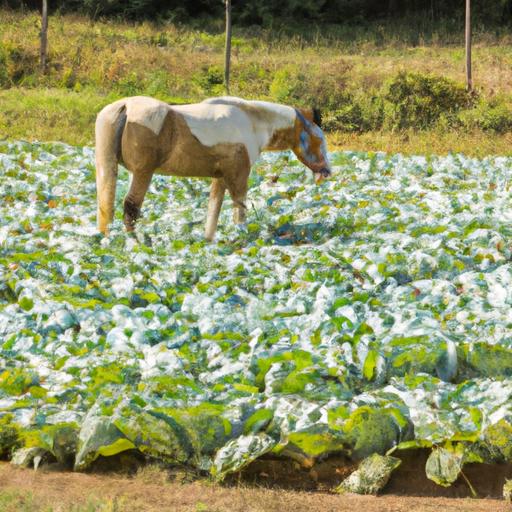 A horse enjoys a healthy snack of fresh cabbage in a field.