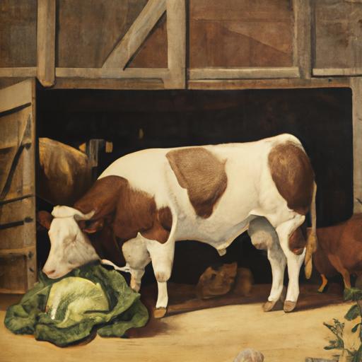 A vintage painting depicting a cow chomping on cabbage in a rustic barn