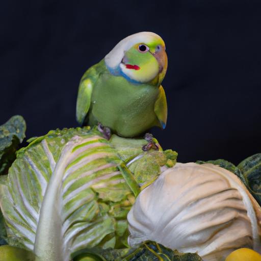 A parakeet enjoys a variety of vegetables, including cabbage, for a healthy diet