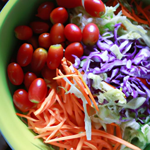 A colorful and healthy salad with red and green cabbage.