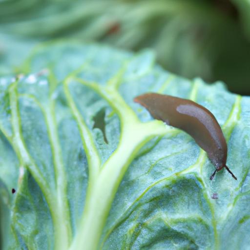 A slug leaving slimy trails on a cabbage leaf in the garden
