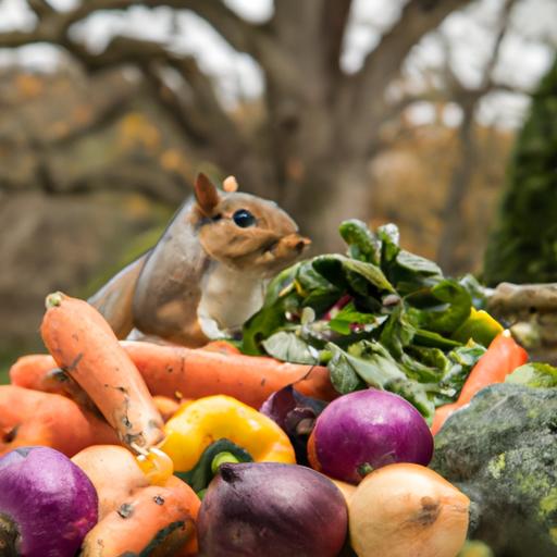 A squirrel eyeing a pile of veggies, including cabbage